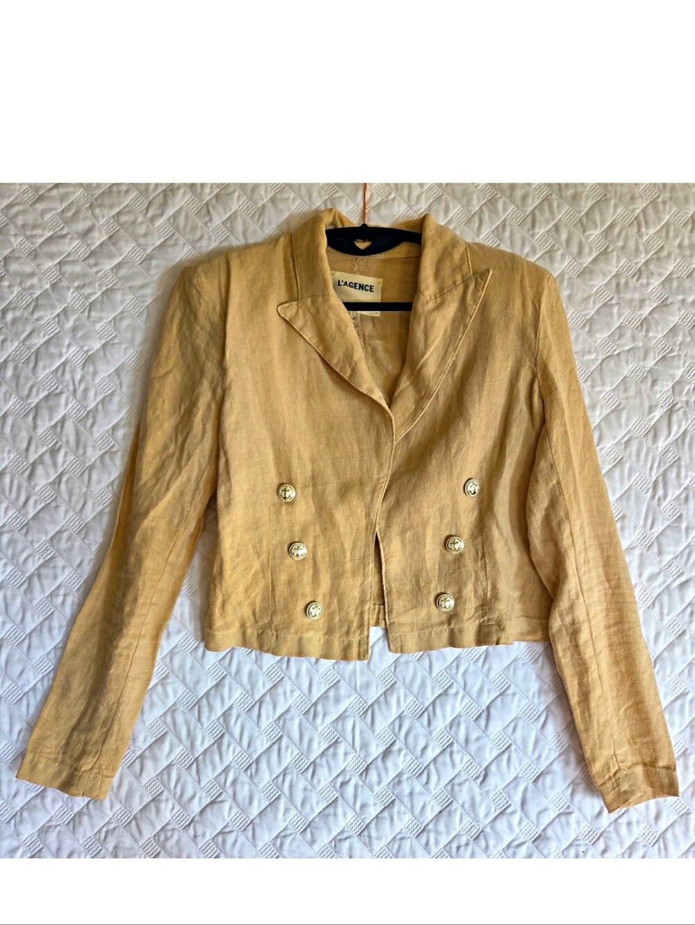 L'Agence Dolly Cropped Blazer Sand Beige 100% Linen Double Breasted Size S / P